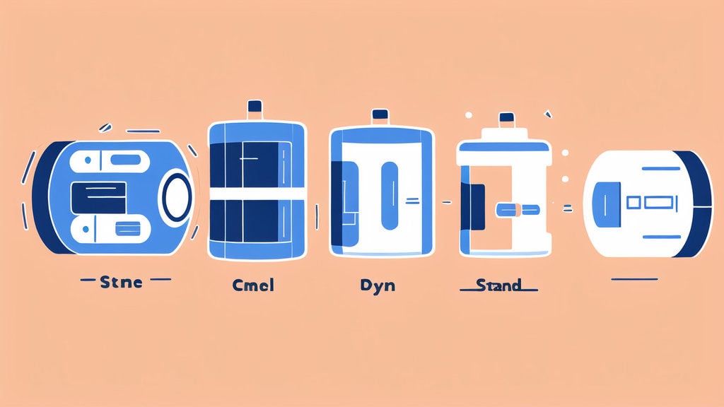 Illustration of five stylized abstract battery-like objects in blue and white against a peach background, each labeled: Stne, Cmcl, Dyn, Stand, and one with no label. They have varying designs and dimensions.