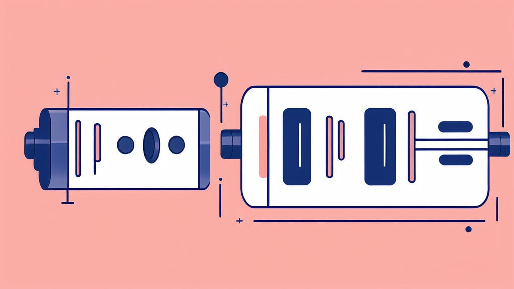 Abstract illustration of a USB plug and port on a pink background. The plug features two circular openings and a rectangular slot, while the port has a similar design and appears to be moving towards connection, depicted with dynamic lines and dots.